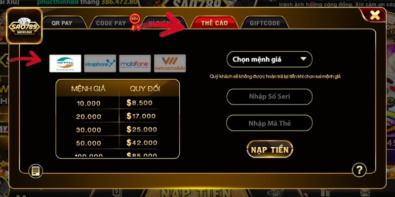 Chọn loại thẻ cào muốn nạp