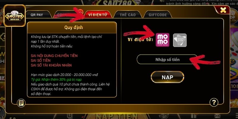 Chọn loại ví điện tử muốn nạp tiền