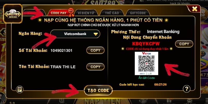 Chọn phương thức nạp tiền và quét mã code
