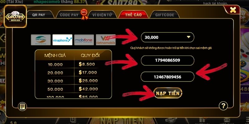 Khai báo thông tin đầy đủ, chính xác và nhấn vào nạp tiền để hoàn tất