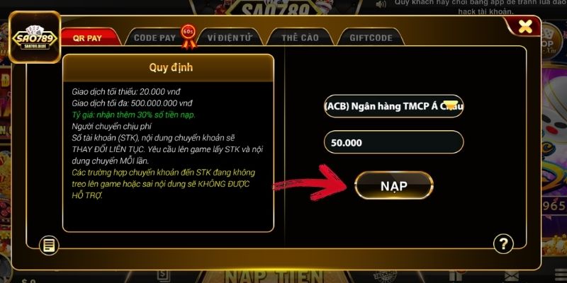 Nhấn nạp để hoàn tất