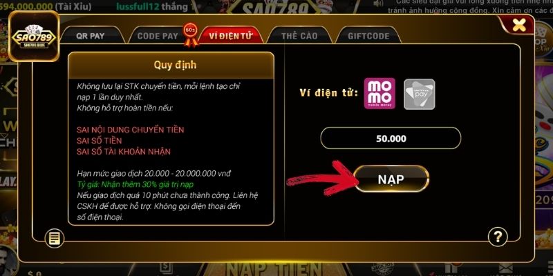 Nhấn vào mục nạp để có thể hoàn tất giao dịch